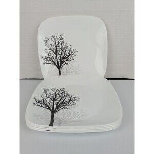 6 Corelle Timber Shadows 10.5 " Square Dinner Plates Black Gray Tree